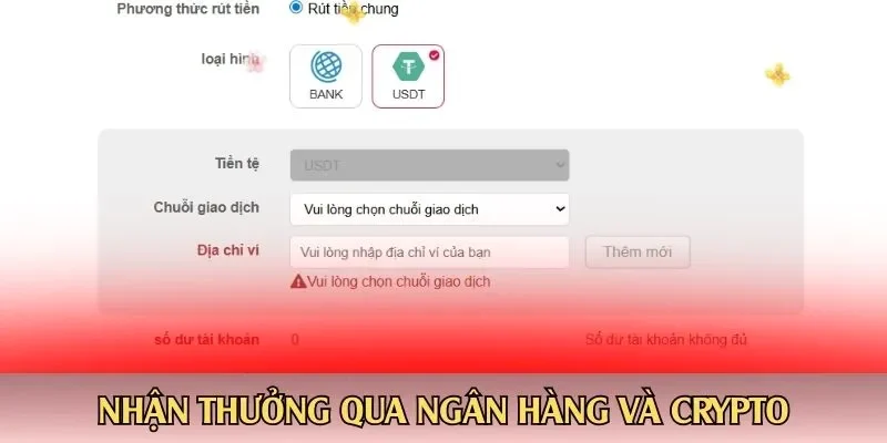 Nhận thưởng qua ngân hàng và Crypto