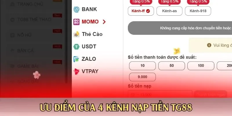 Ưu điểm của 4 kênh nạp tiền TG88